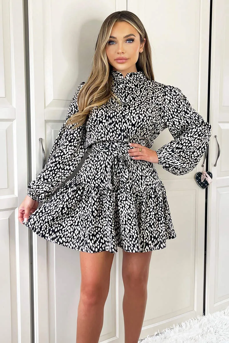 Black And White Printed High Neck Button Front Mini Dress sold by AX Paris