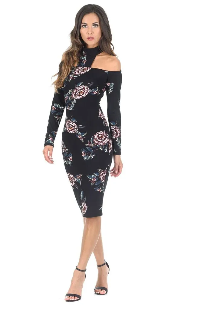 Black Off The Shoulder Floral Midi Bodycon Dress sold by AX Paris product image thumbnail 2