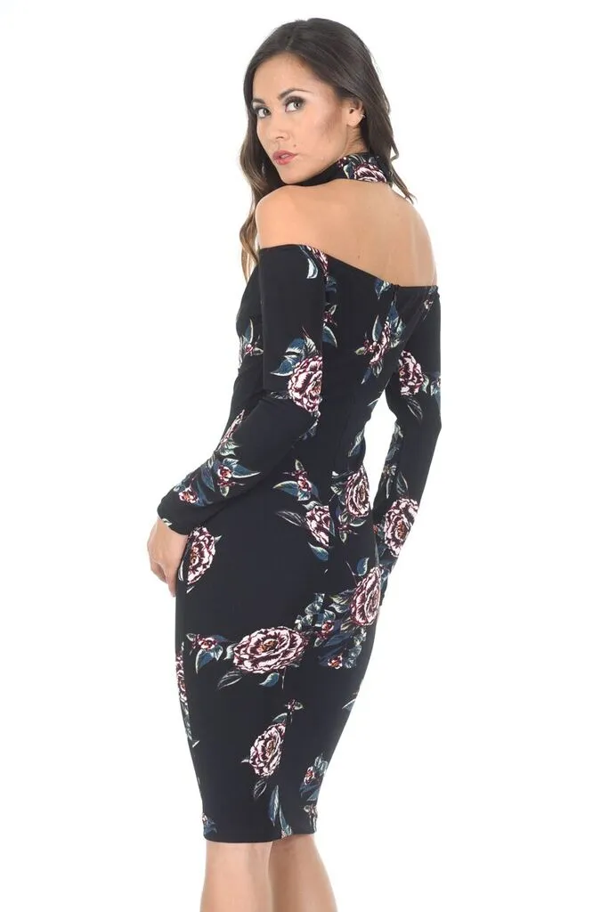 Black Off The Shoulder Floral Midi Bodycon Dress sold by AX Paris product image thumbnail 3
