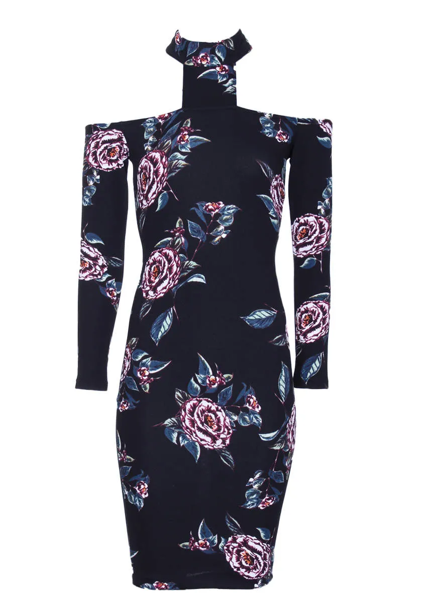 Black Off The Shoulder Floral Midi Bodycon Dress sold by AX Paris product image thumbnail 4