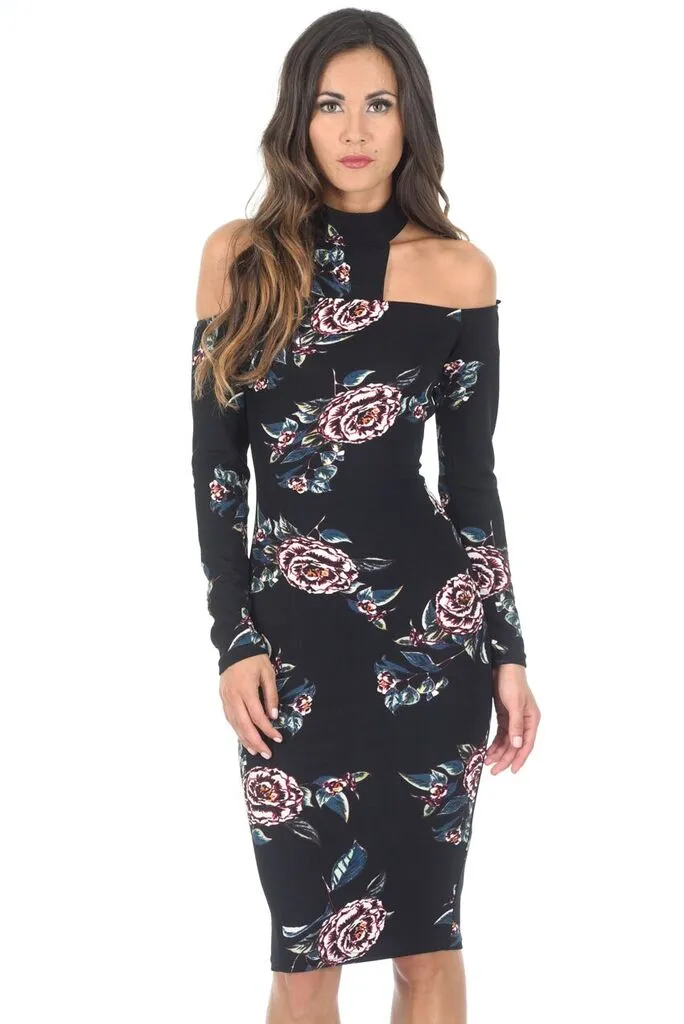Black Off The Shoulder Floral Midi Bodycon Dress sold by AX Paris