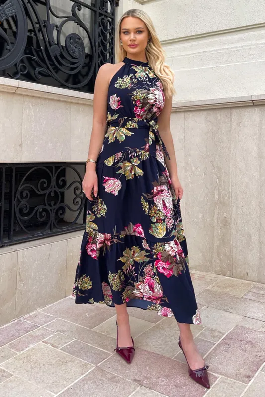 Navy Floral Printed High Neck Tie Belt Midi Dress sold by AX Paris