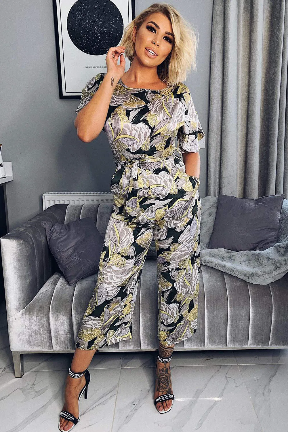 Printed Tie Belt Culotte Jumpsuit sold by AX Paris