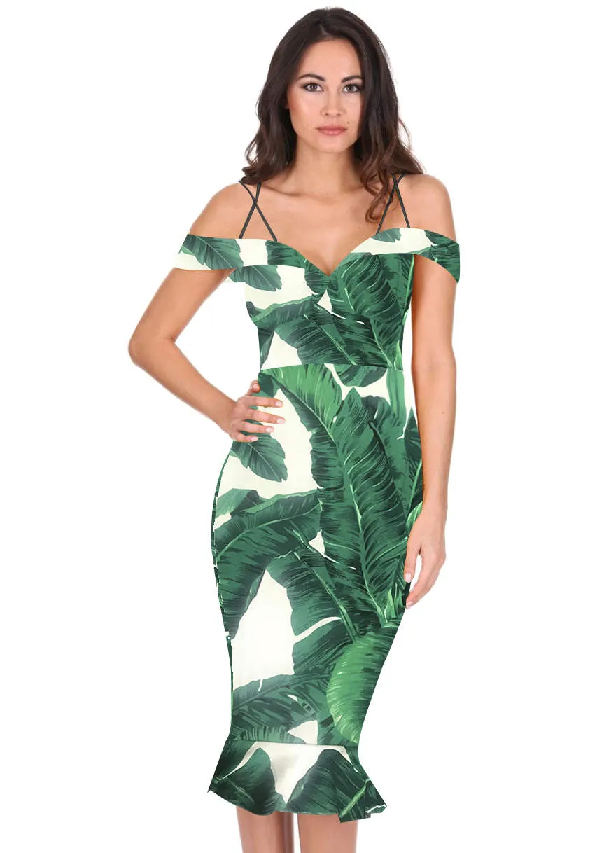Green Leaf Print Midi Dress With Off The Shoulder Strappy Detail sold by AX Paris