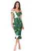 Green Leaf Print Midi Dress With Off The Shoulder Strappy Detail sold by AX Paris