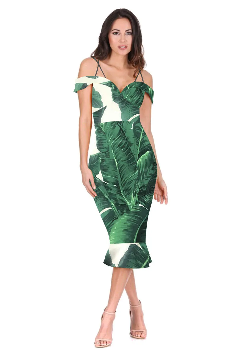 Green Leaf Print Midi Dress With Off The Shoulder Strappy Detail sold by AX Paris product image thumbnail 2