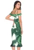 Green Leaf Print Midi Dress With Off The Shoulder Strappy Detail sold by AX Paris