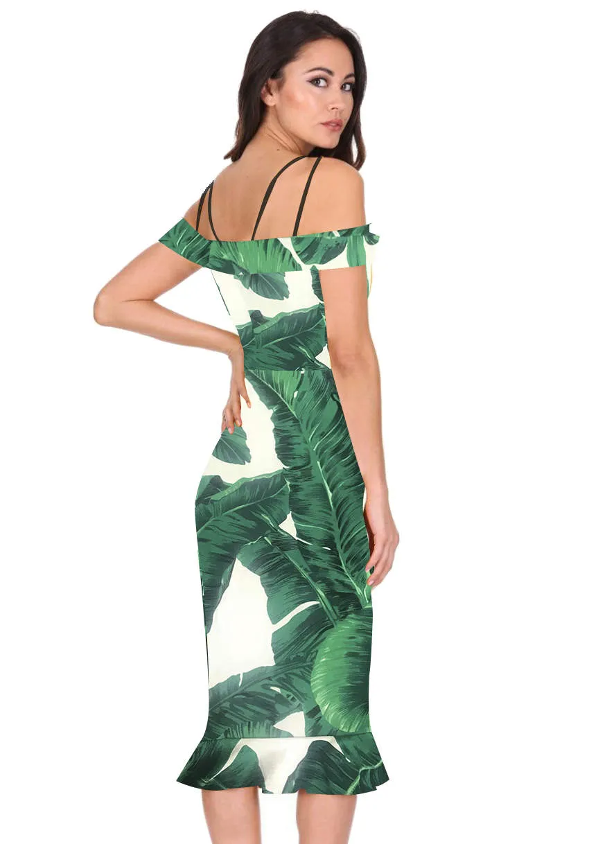 Green Leaf Print Midi Dress With Off The Shoulder Strappy Detail sold by AX Paris product image thumbnail 3