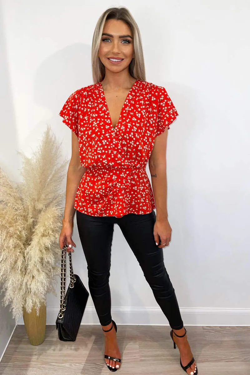 Red Floral Wrap Over Peplum Top sold by AX Paris product image thumbnail 2