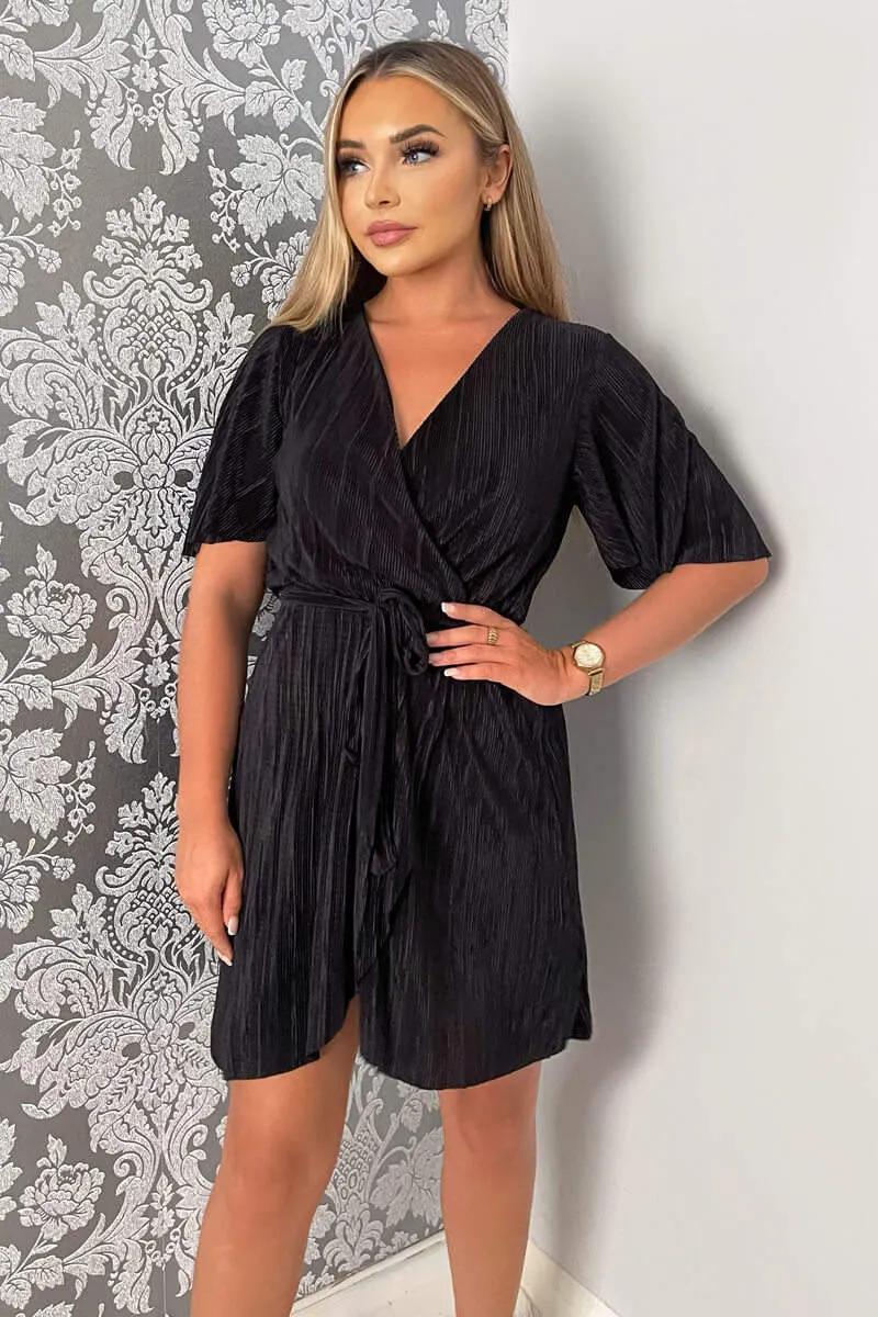 Black Wrap Top Belted Short Sleeve Plisse Mini Dress sold by AX Paris product image thumbnail 3
