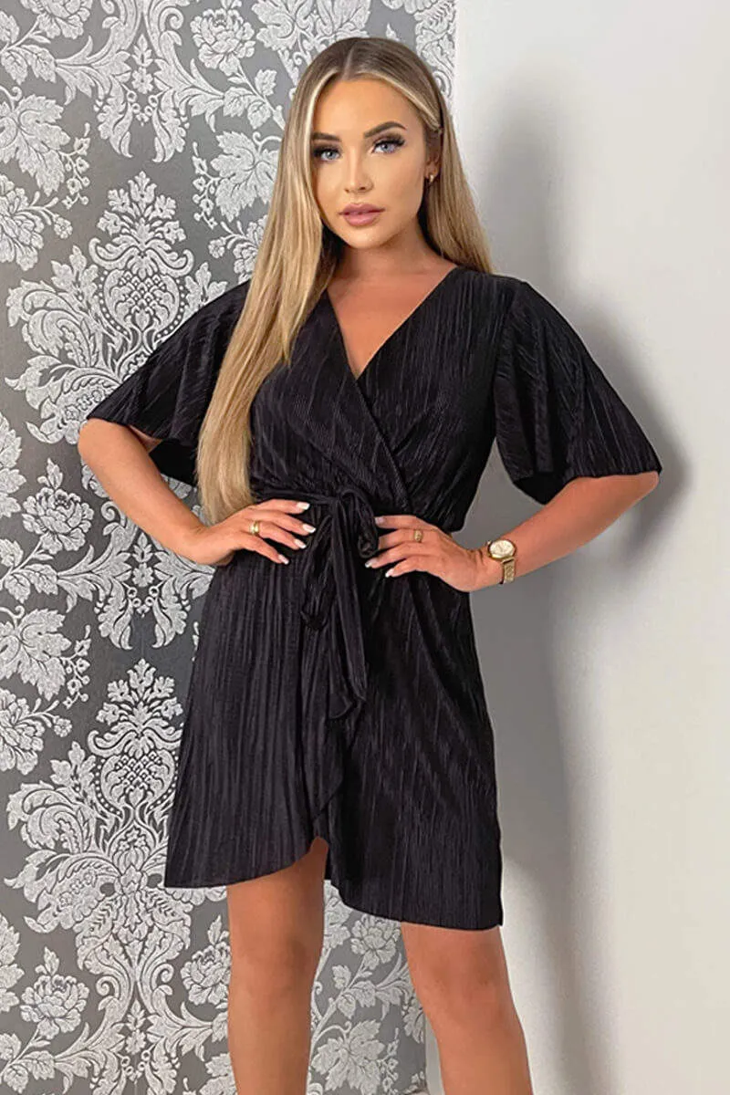 Black Wrap Top Belted Short Sleeve Plisse Mini Dress sold by AX Paris