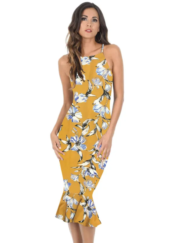 Yellow Floral Bodycon Midi Dress With Frill Hem sold by AX Paris