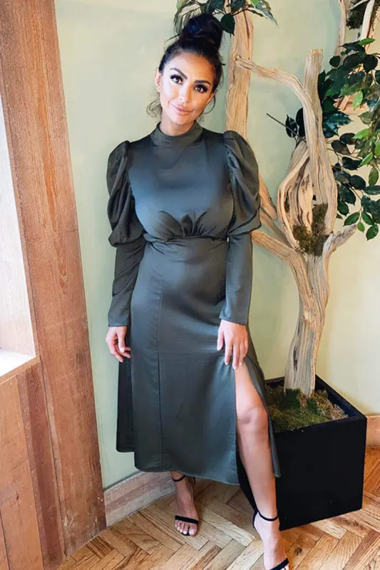Olive Gathered High Neck Split Midi Dress sold by AX Paris