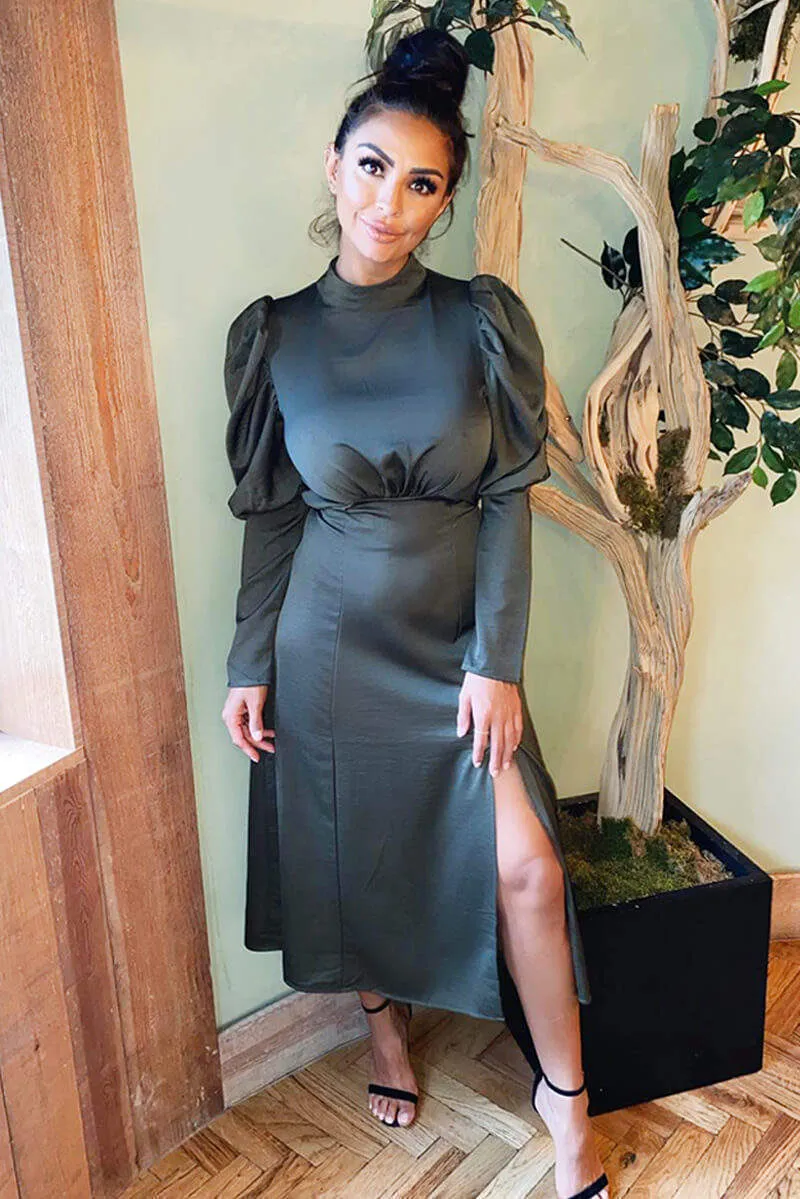 Olive Gathered High Neck Split Midi Dress sold by AX Paris