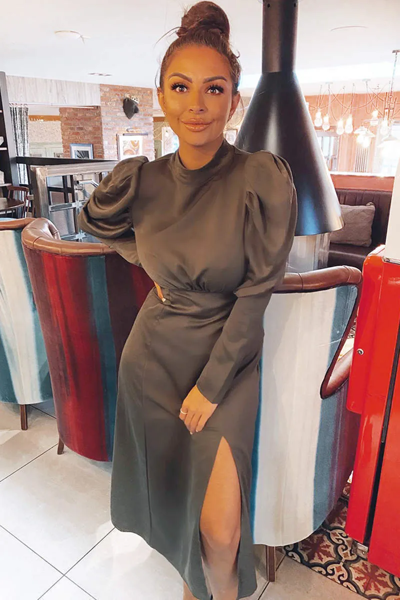 Olive Gathered High Neck Split Midi Dress sold by AX Paris product image thumbnail 2