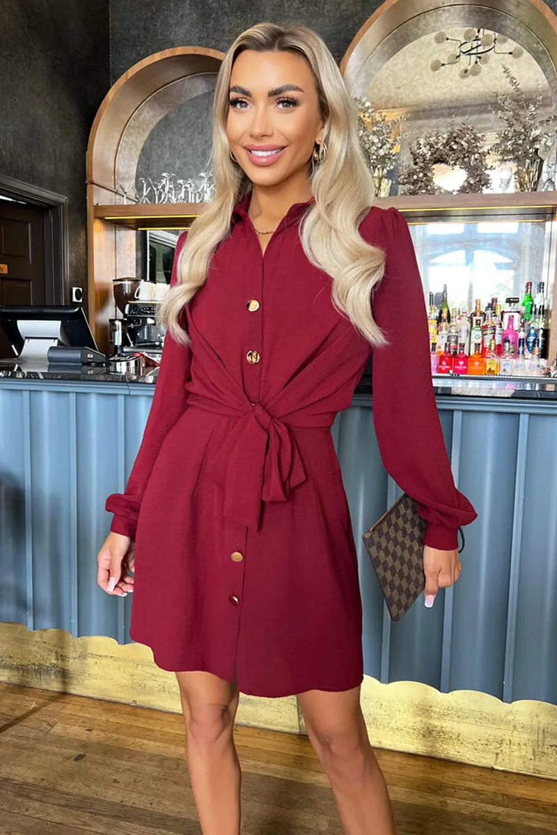 Wine Button Tie Front Mini Shirt Dress sold by AX Paris
