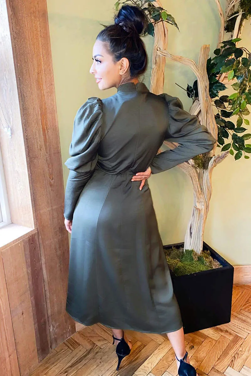 Olive Gathered High Neck Split Midi Dress sold by AX Paris product image thumbnail 4