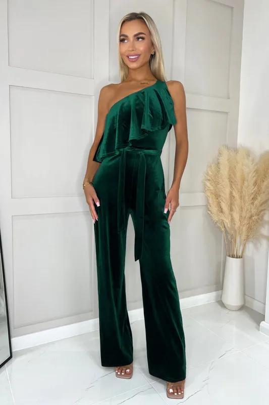 Teal Velvet One Shoulder Frill Belted Jumpsuit sold by AX Paris
