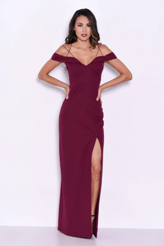 Plum Strappy Off The Shoulder Side Split Maxi Dress sold by AX Paris