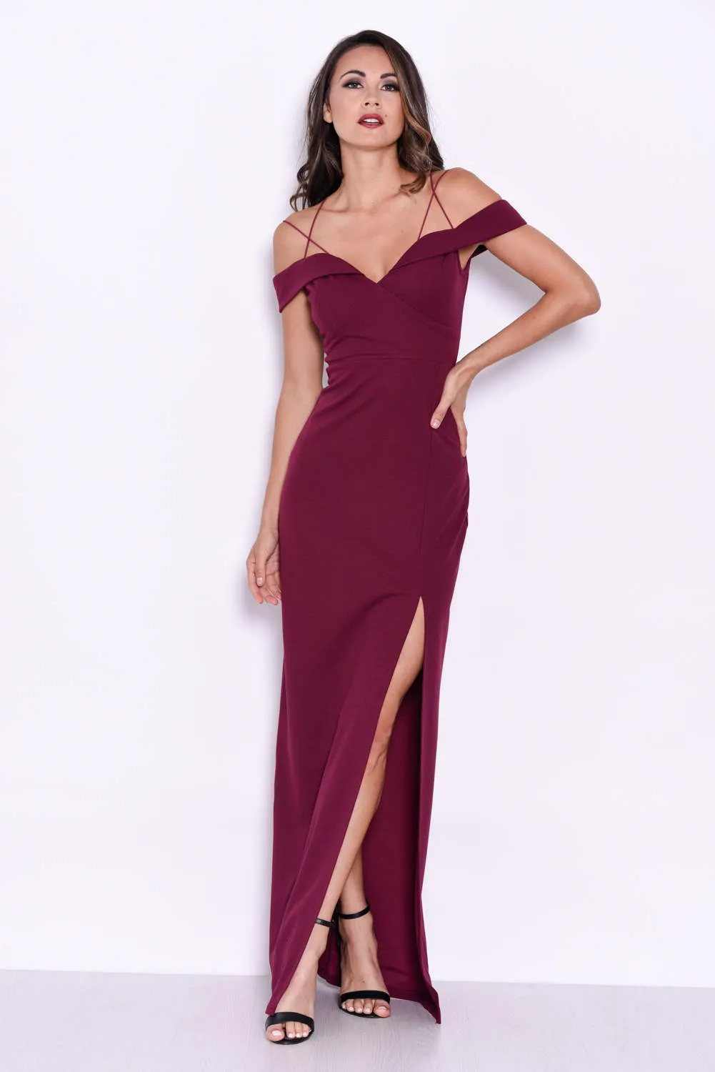 Plum Strappy Off The Shoulder Side Split Maxi Dress sold by AX Paris product image thumbnail 2
