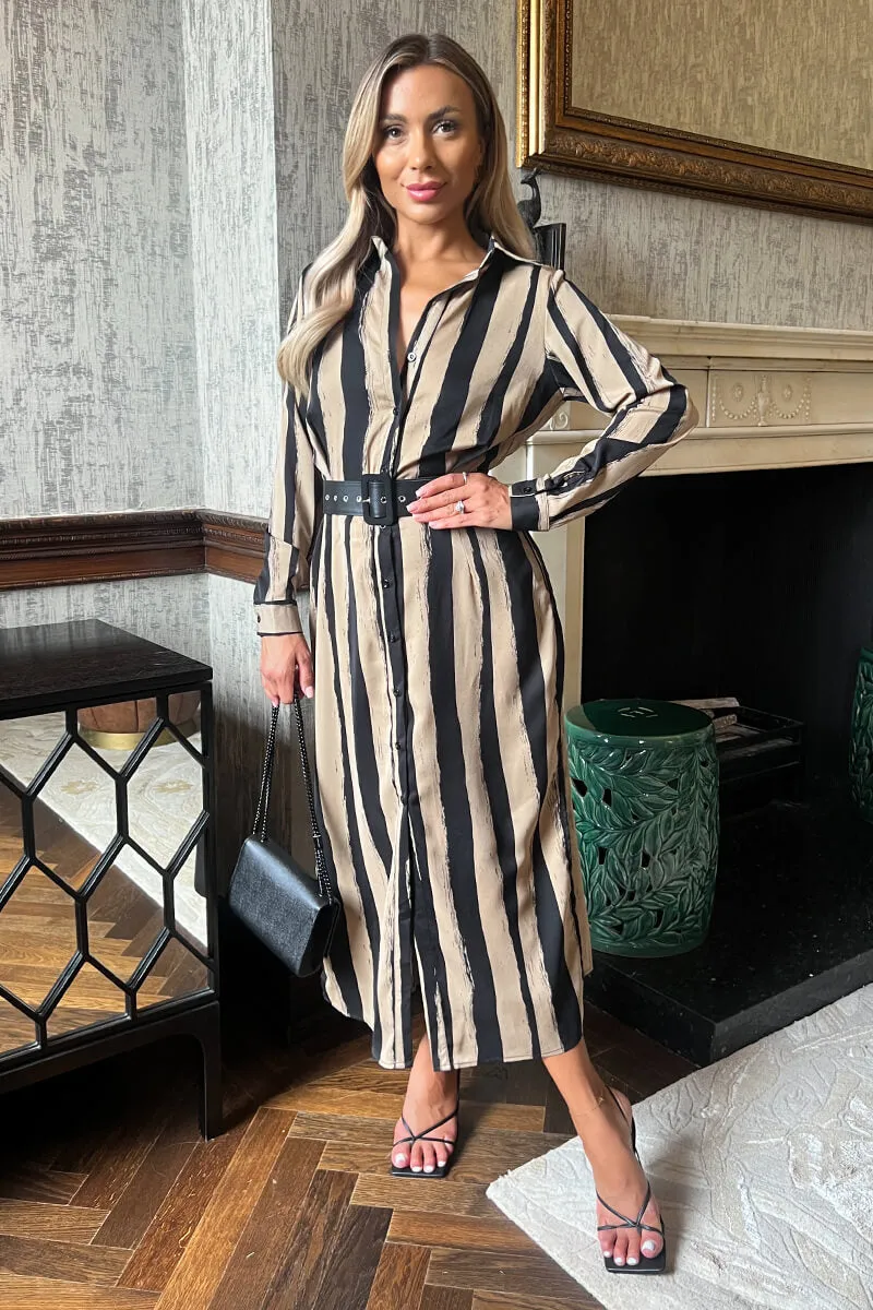 Beige Striped Print Button Front Belted Shirt Midi Dress sold by AX Paris product image thumbnail 2