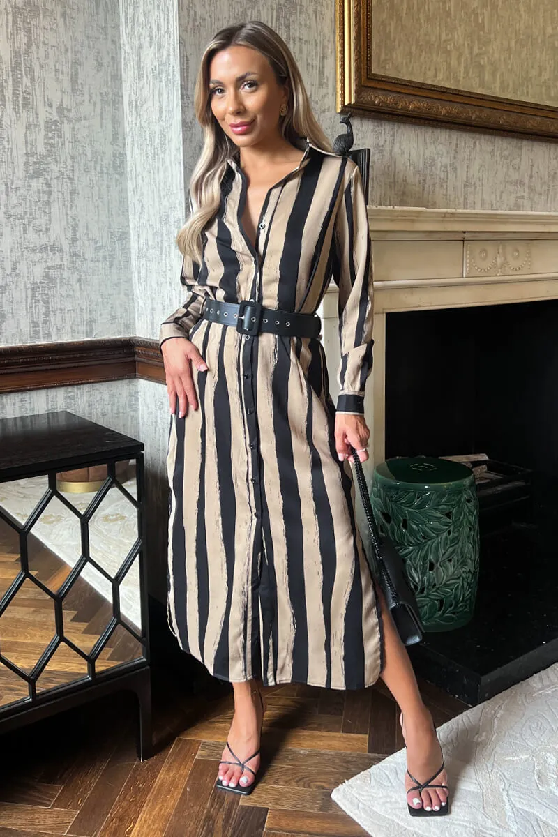 Beige Striped Print Button Front Belted Shirt Midi Dress sold by AX Paris product image thumbnail 3