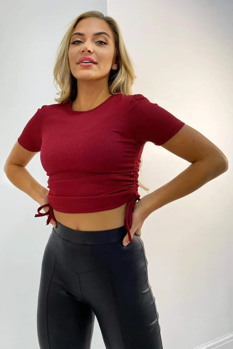 Wine Ribbed Ruched Side Crop Top sold by AX Paris product image thumbnail 3