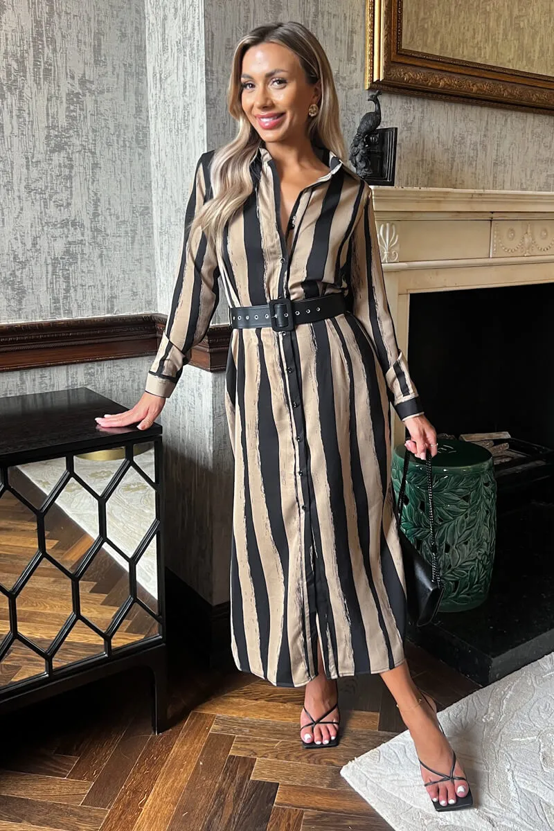 Beige Striped Print Button Front Belted Shirt Midi Dress sold by AX Paris product image thumbnail 4