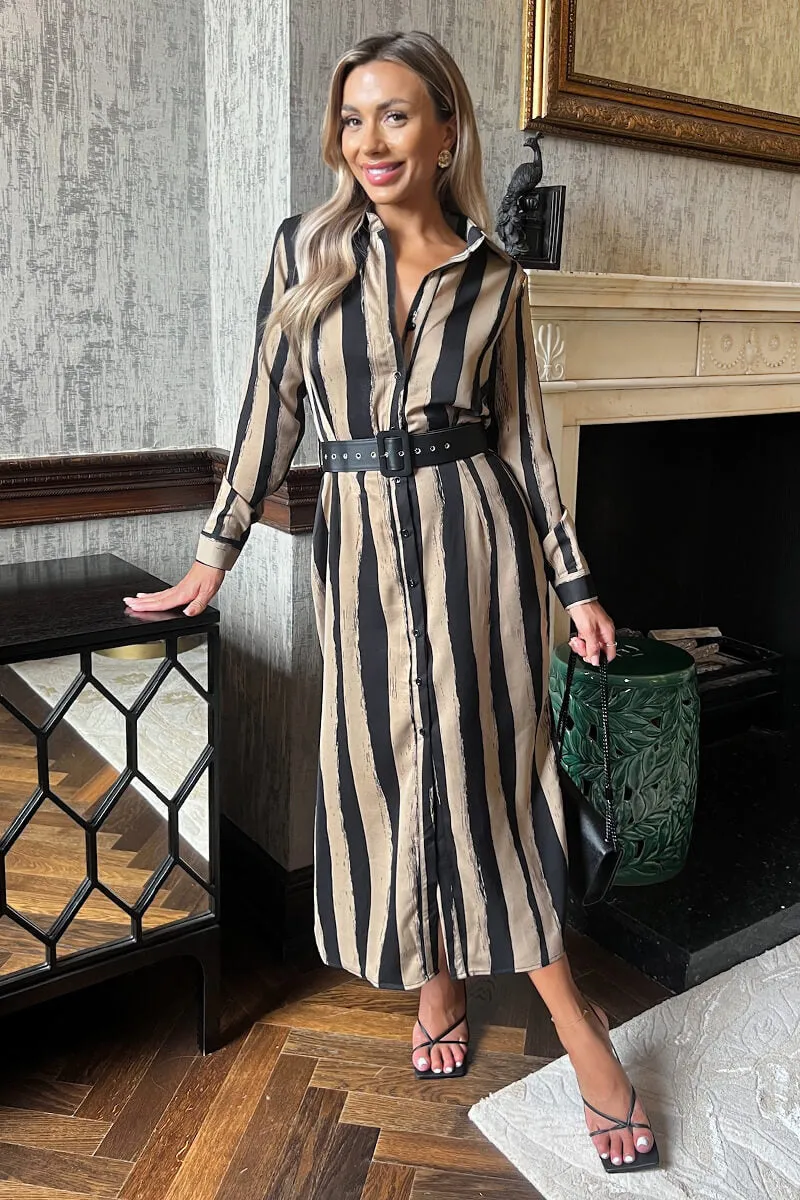 Beige Striped Print Button Front Belted Shirt Midi Dress sold by AX Paris