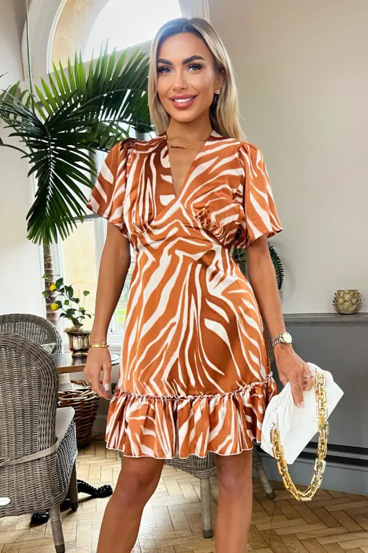 Rust Printed Short Sleeve V Neck Mini Dress sold by AX Paris