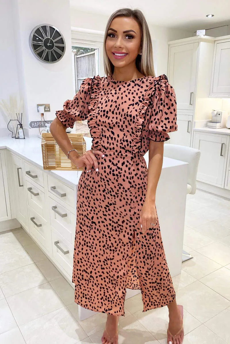 Peach Printed Ruffle Split Leg Midi Dress sold by AX Paris