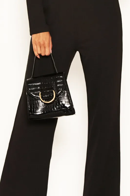 Black Croc Mini Patent Bag With Gold Ring sold by AX Paris