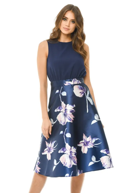 Navy Floral 2 in 1 Midi Skater Dress sold by AX Paris