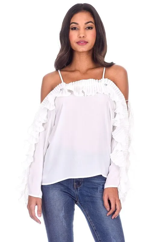 White Frill Detail Off The Shoulder Top sold by AX Paris