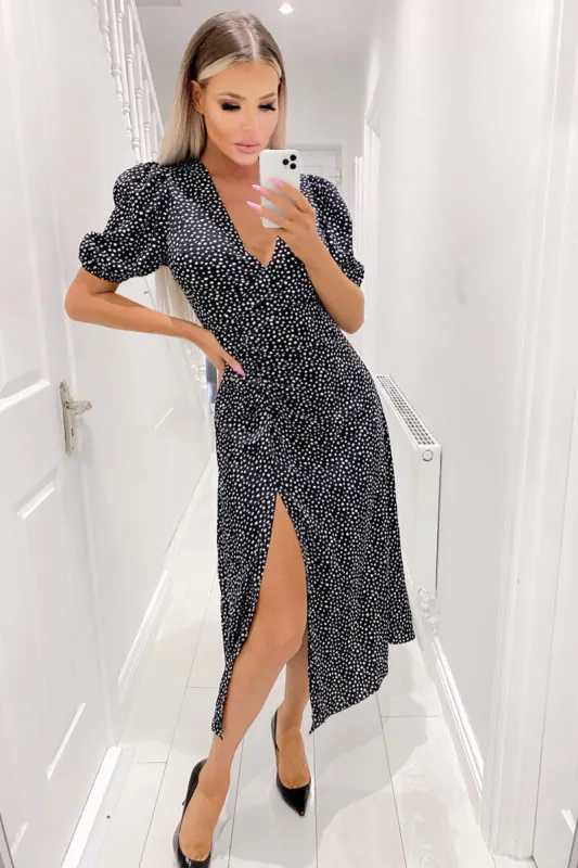 Black Spotty Wrap Over Split Midi Dress sold by AX Paris