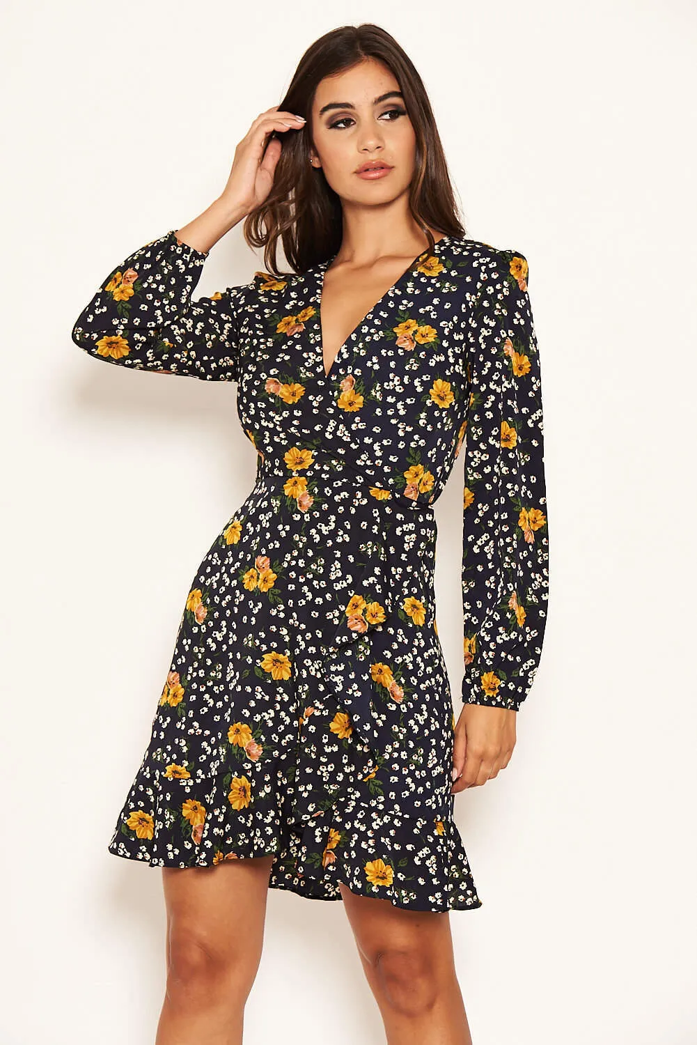 Navy Mixed Floral Wrap Dress sold by AX Paris product image thumbnail 4