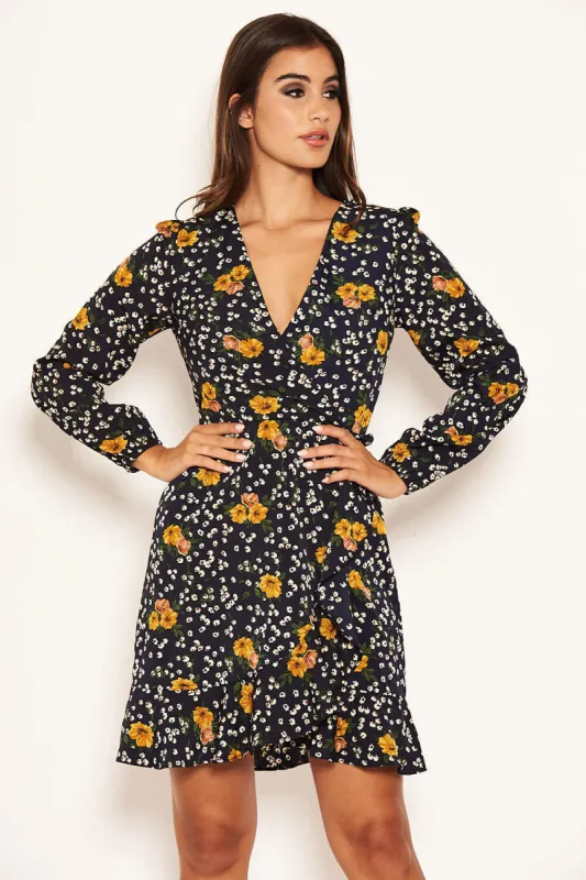 Navy Mixed Floral Wrap Dress sold by AX Paris