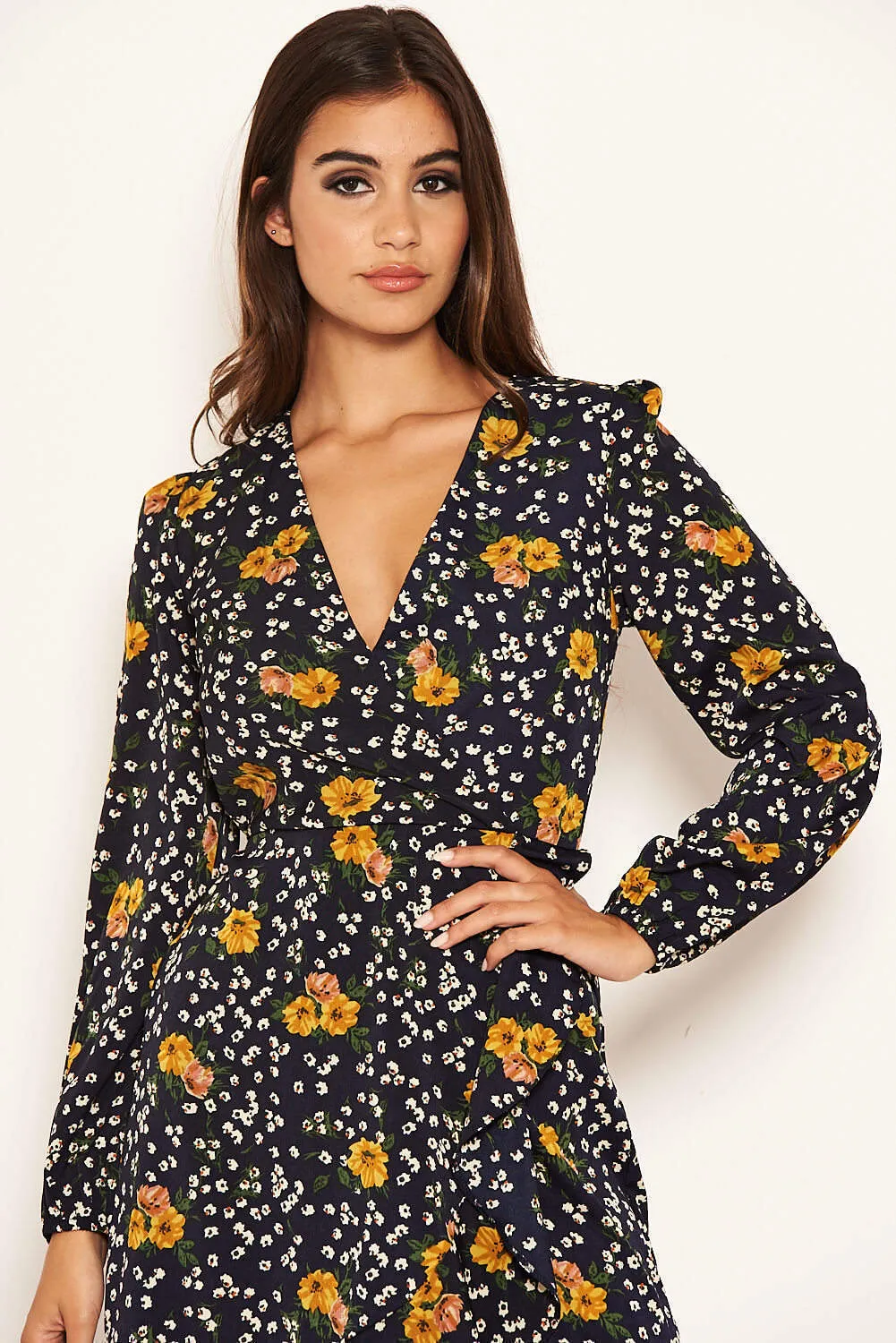Navy Mixed Floral Wrap Dress sold by AX Paris product image thumbnail 5