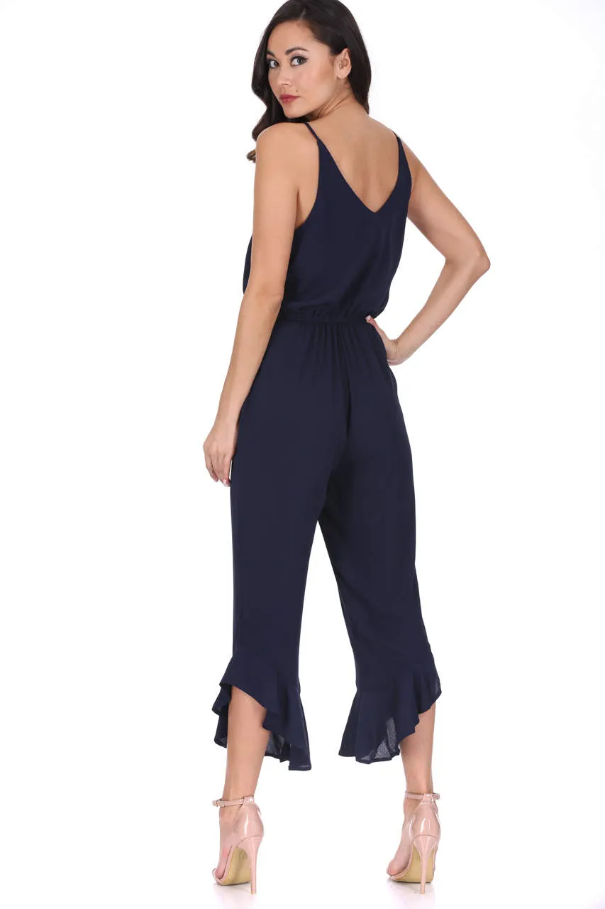 Navy High Waisted Jumpsuit With Frill Hem sold by AX Paris product image thumbnail 3