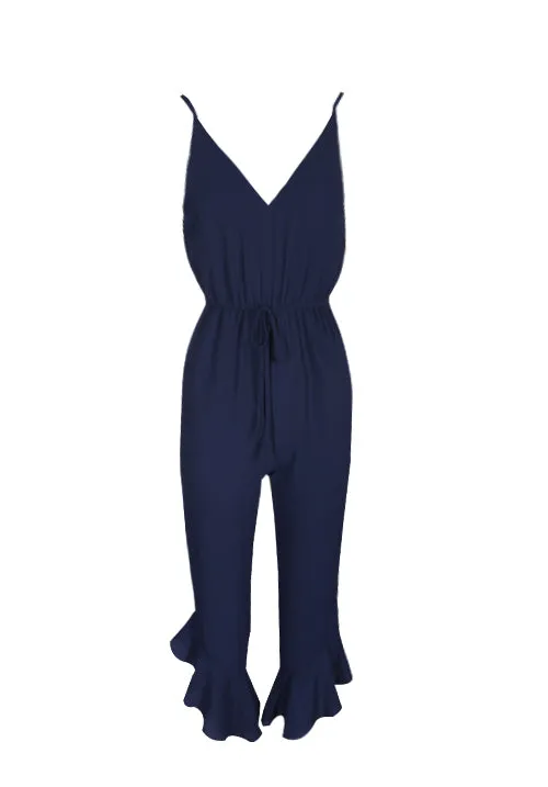 Navy High Waisted Jumpsuit With Frill Hem sold by AX Paris product image thumbnail 4
