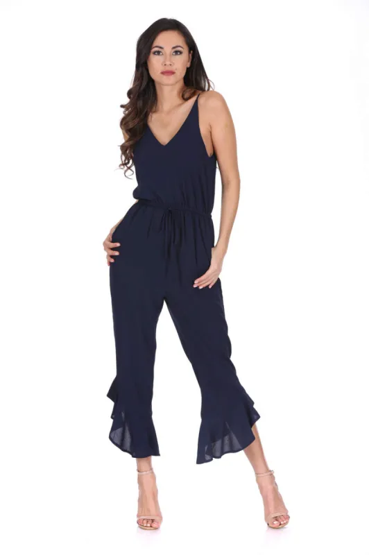 Navy High Waisted Jumpsuit With Frill Hem sold by AX Paris
