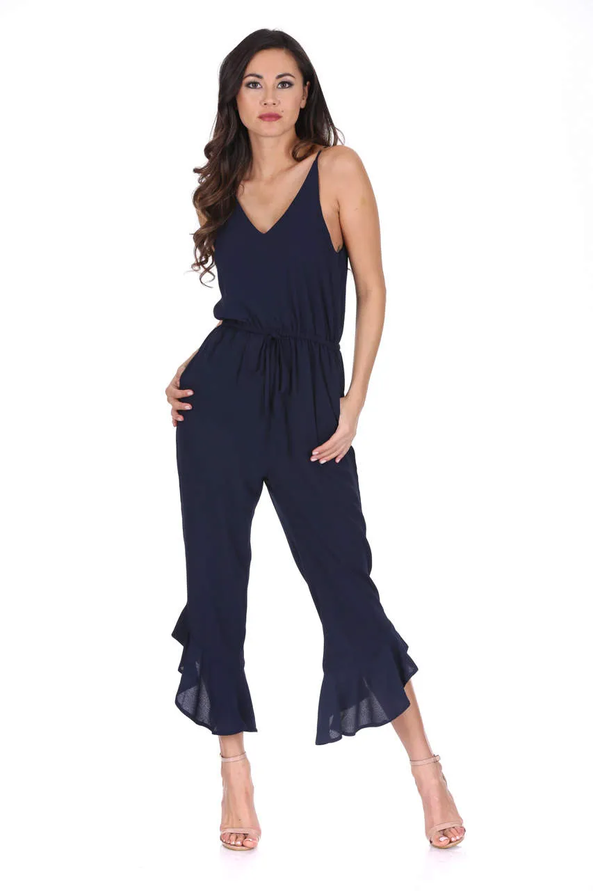 Navy High Waisted Jumpsuit With Frill Hem sold by AX Paris