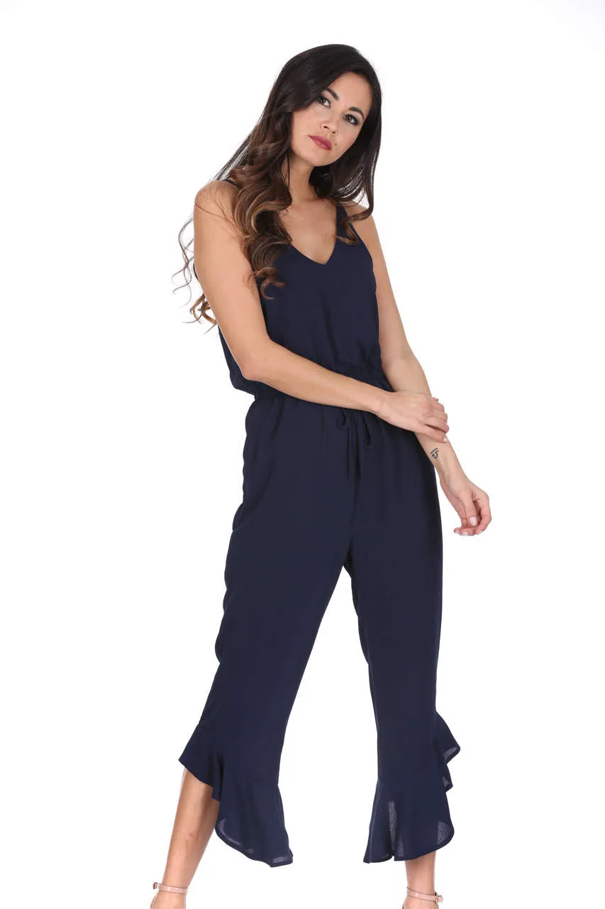 Navy High Waisted Jumpsuit With Frill Hem sold by AX Paris product image thumbnail 2