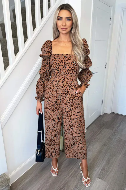 Tan Dot Printed Elasticated Sleeve Jumpsuit sold by AX Paris