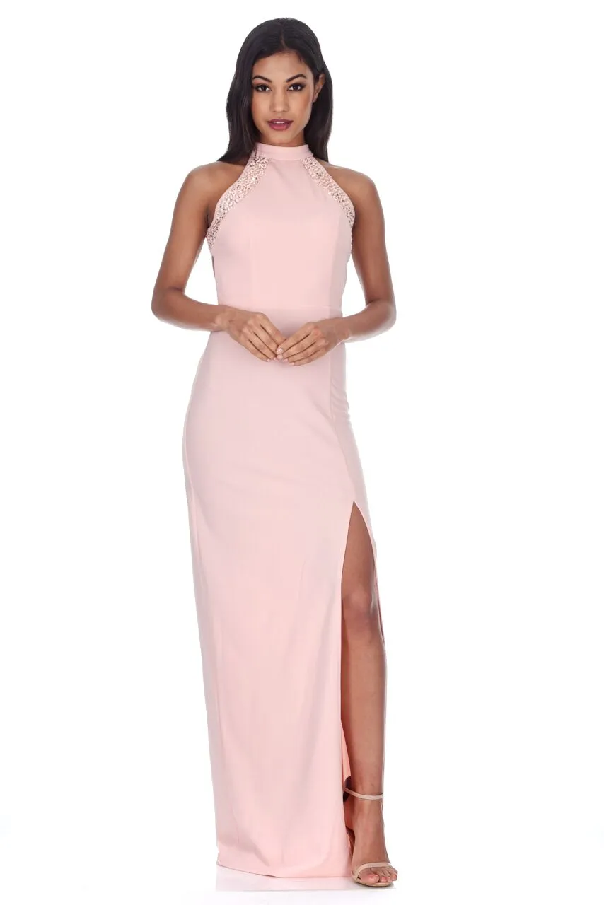 Blush Sequin Panel Detailing Maxi Dress With Thigh Split sold by AX Paris