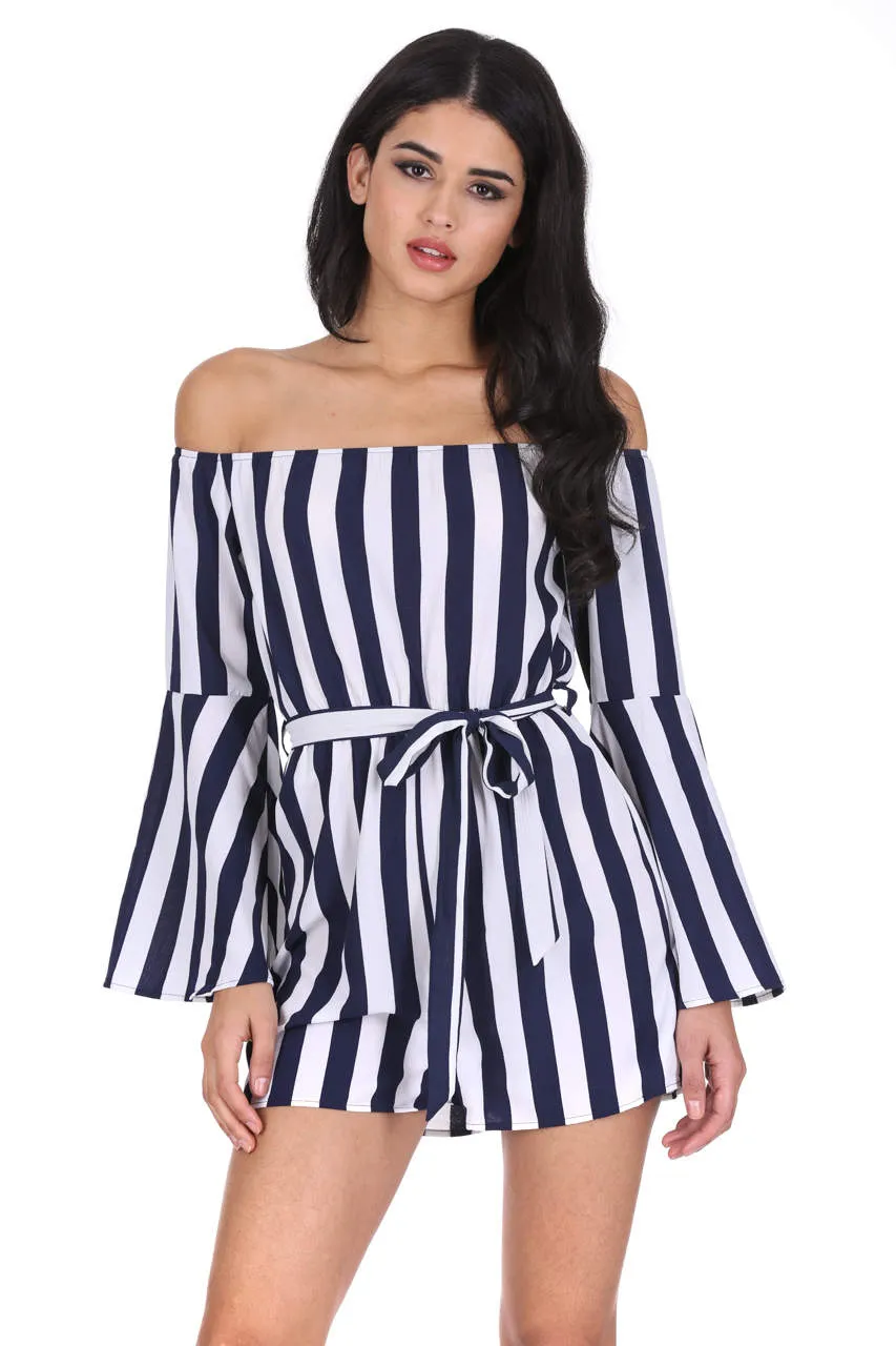 Navy Striped Off The Shoulder Playsuit sold by AX Paris