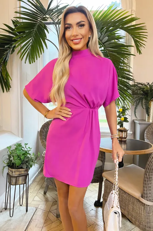Hot Pink High Neck Gathered Waist Detail Shift Dress sold by AX Paris