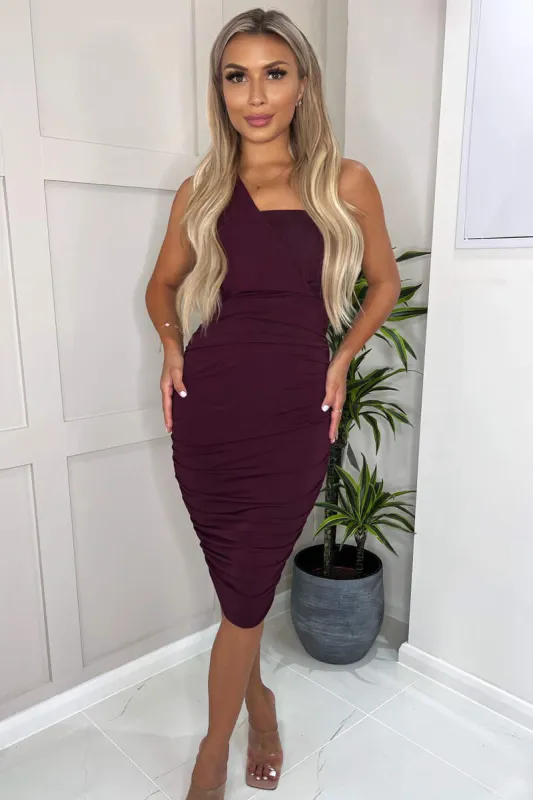 Plum Shoulder Ruched Bodycon Midi Dress sold by AX Paris