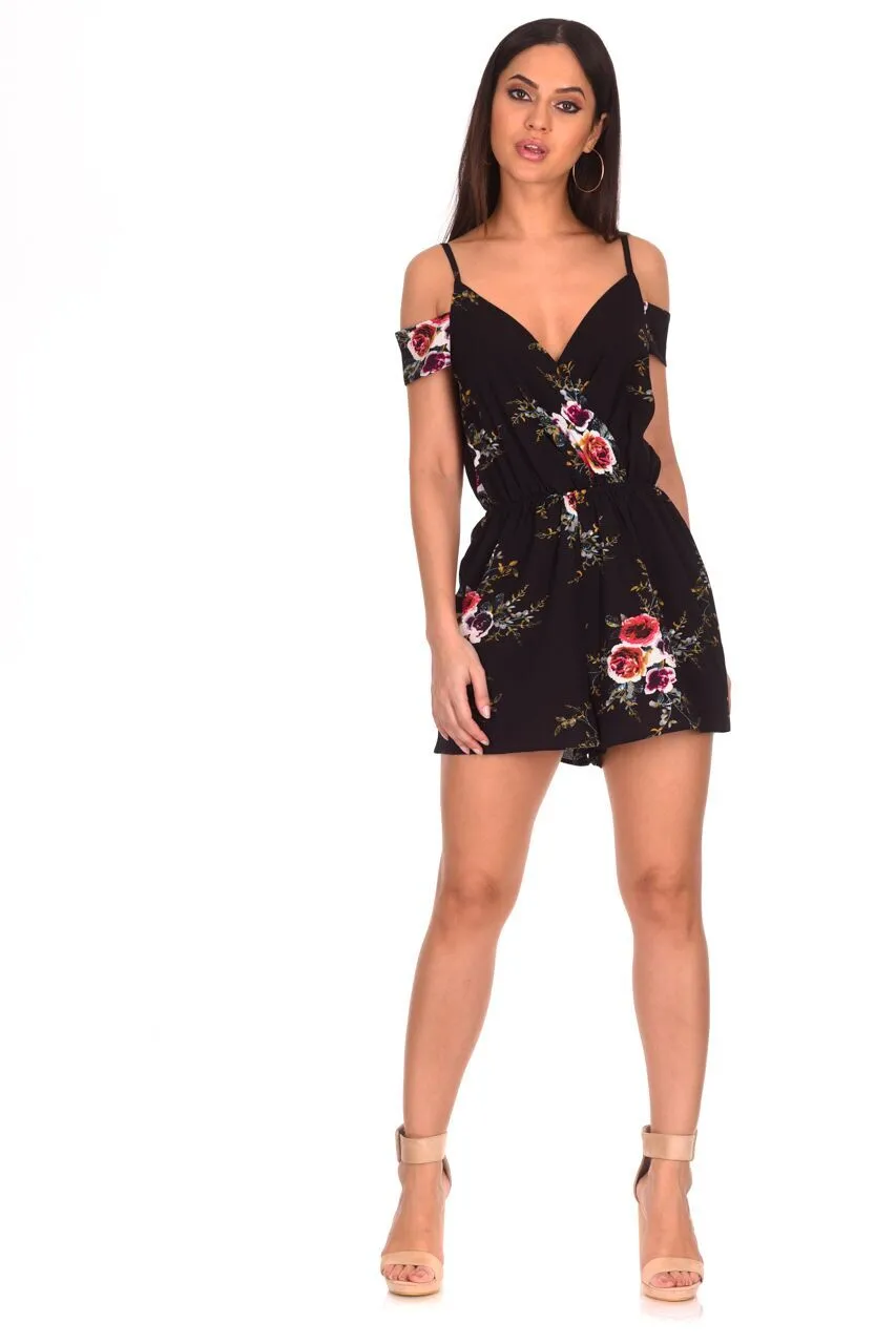 Black Floral Printed Cold Shoulder Playsuit sold by AX Paris product image thumbnail 2