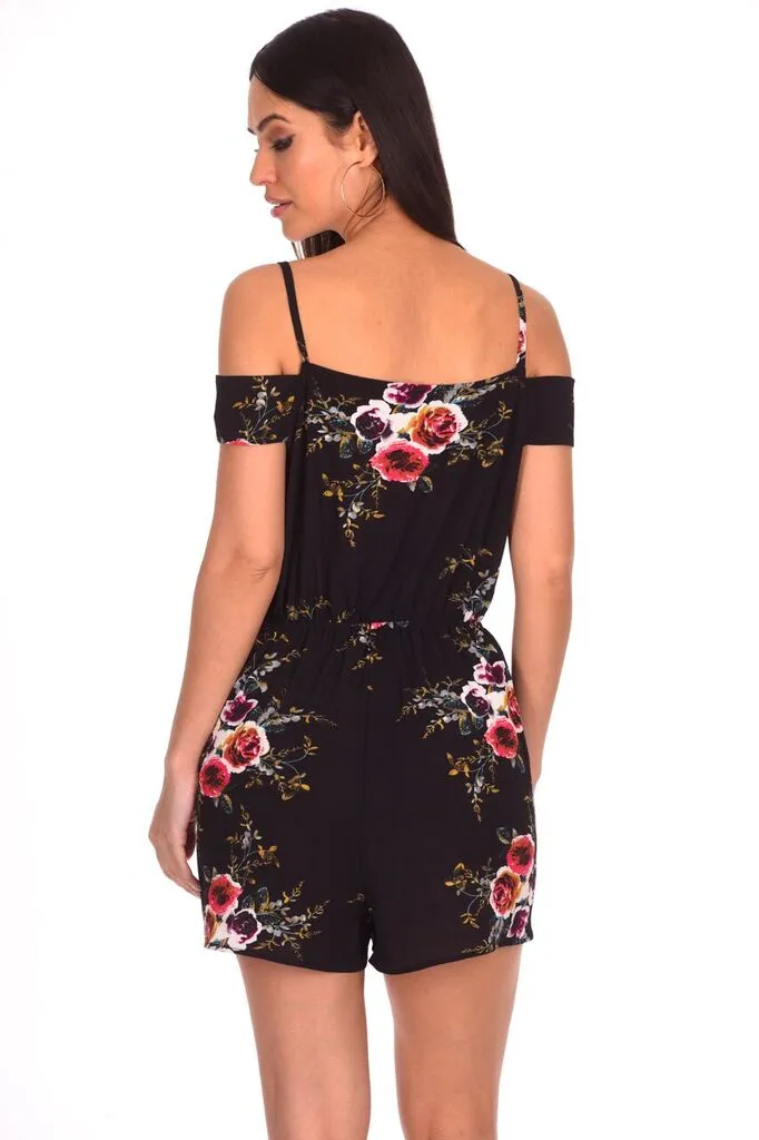 Black Floral Printed Cold Shoulder Playsuit sold by AX Paris product image thumbnail 3